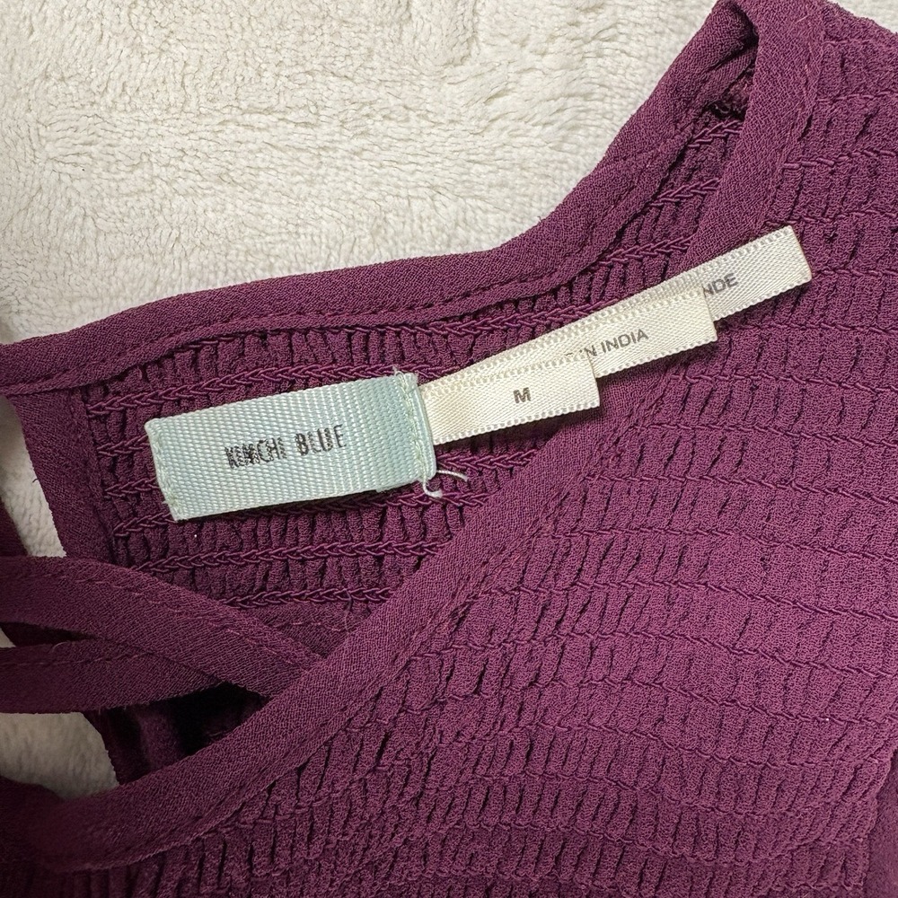 Kimchi Blue Fit & Flare Mini Dress Medium Plum Smocked Bodice Keyhole Back Sheer - Picture 2 of 10